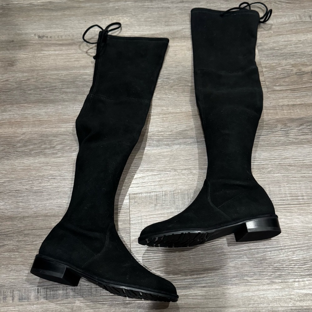 Stuart Weitzman Lowland OTK Over The Knee Suede Leather Tie Flat Boots